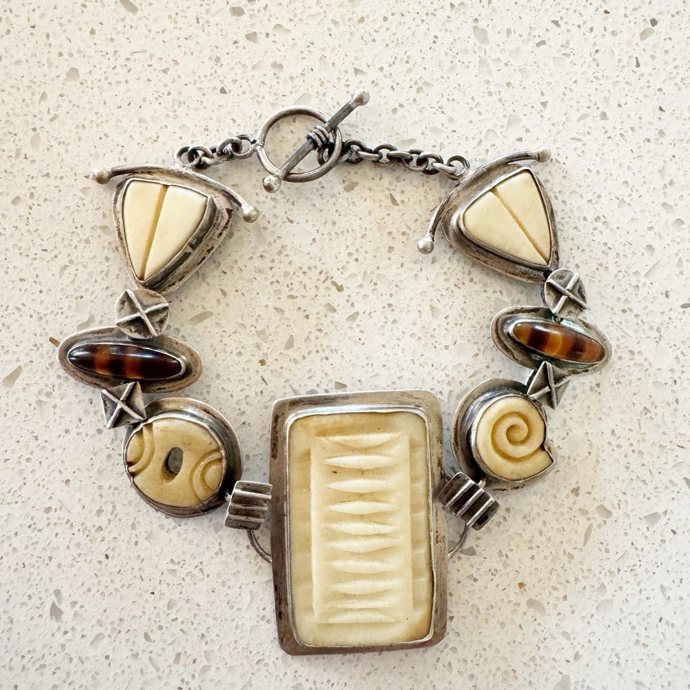 Janice Lee Ripley Sterling Silver Carved Modernist Geometric Bracelet Boho